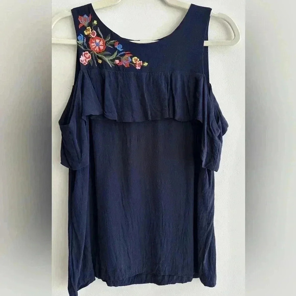 LOFT Cold Shoulder Ruffle Blouse, Floral Embroidered Top, Size Medium - Picture 4 of 16